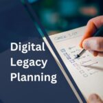 Person writing a checklist on a white notepad with overlay text that reads, "Digital Legacy Planning"